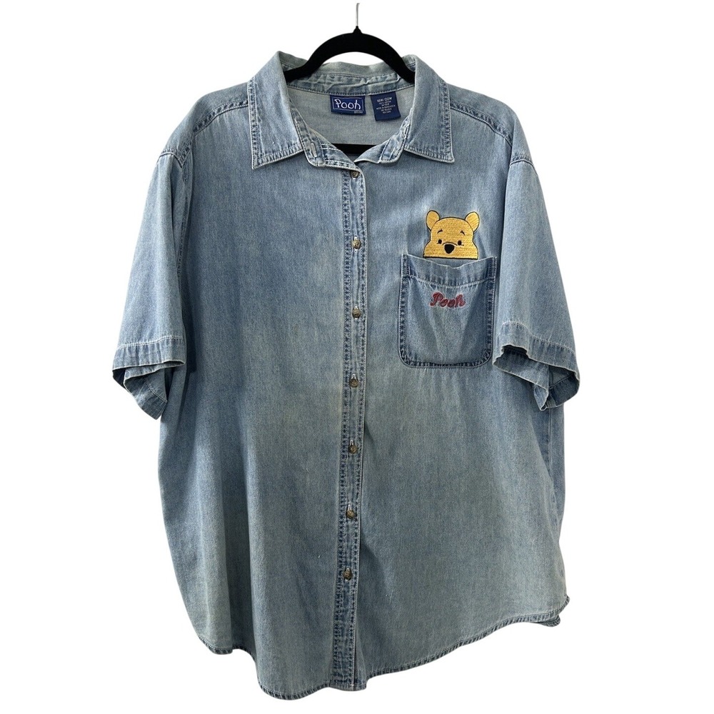 Pooh Disney Embroider Denim Shirt 18W/20W Blue Short Sleeve Disneycore 90s Retro
